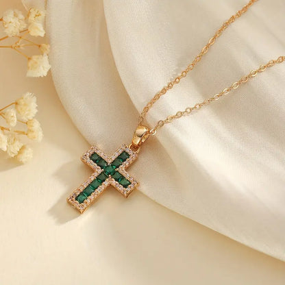 Solene Gold Necklace with Cross Pendant and Emerald
