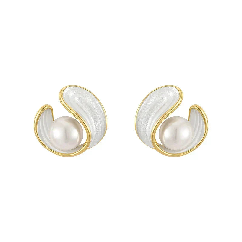 Golden Pearls and White Enamel Stud Earrings
