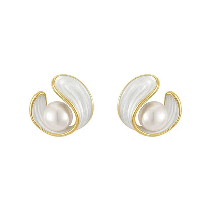 Golden Pearls and White Enamel Stud Earrings