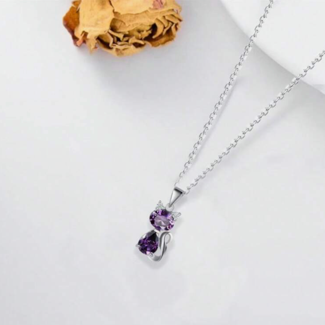 Purple Crystal Cat Pendant Necklace
