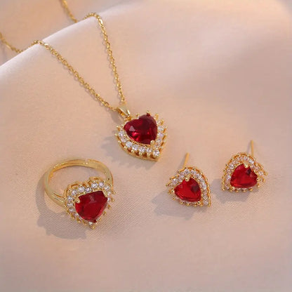 Gold Ruby Heart Jewelry Set
