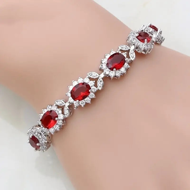 Silver Ruby Floral Bracelet