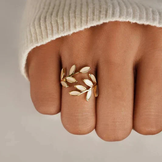 Adjustable White Opal Leaf Ring