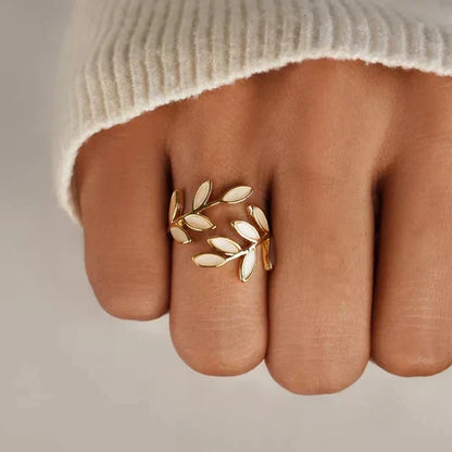 Adjustable White Opal Leaf Ring