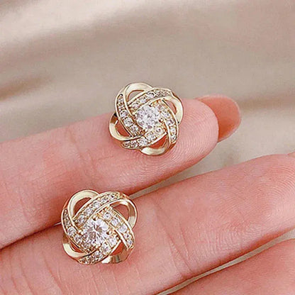 Spiral Floral Gold Stud Earrings with Crystals