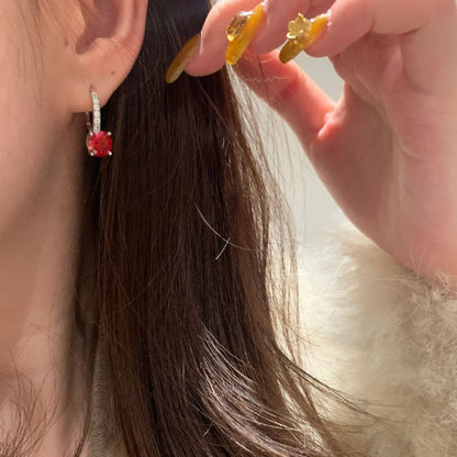 Silver Ruby Round Drop Earrings