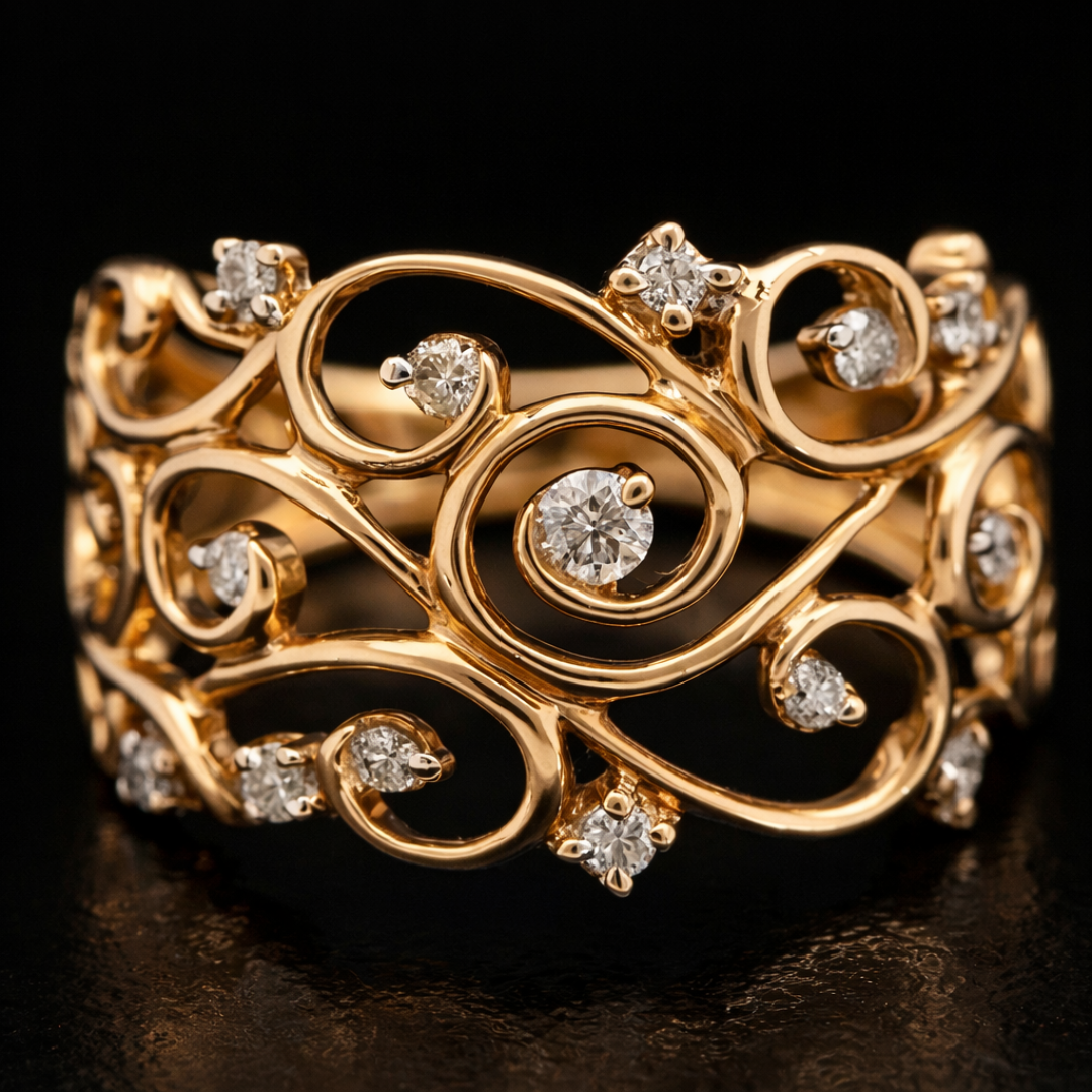Exotic Feather Zirconia Gold Ring