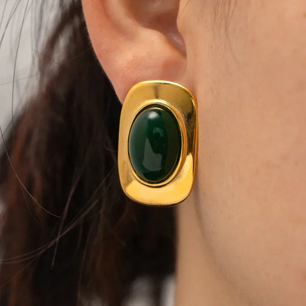 Vintage 18K Gold-Plated Green Opal Oval Earrings