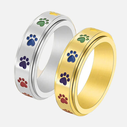 Spinning Stress Reducing Paw Ring – Stainless Steel with Rainbow Paws