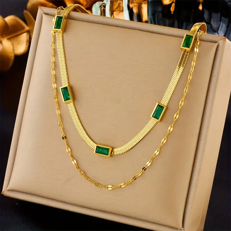 Sorella Double Strand Retro Gold Necklace with Gemstone
