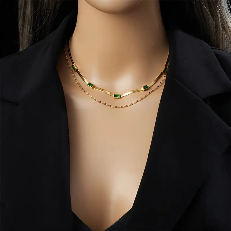 Sorella Double Strand Retro Gold Necklace with Gemstone