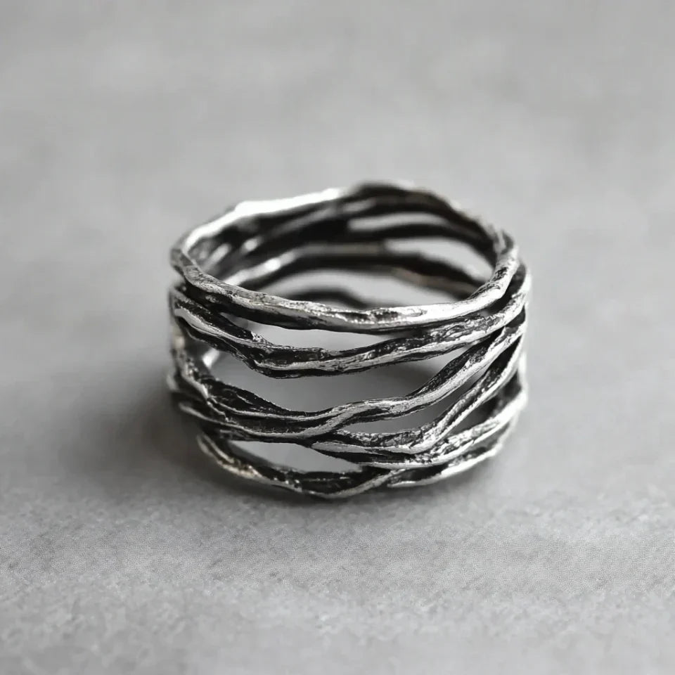 Minimalist Multi-Layered Silver Ring in Vintage Style